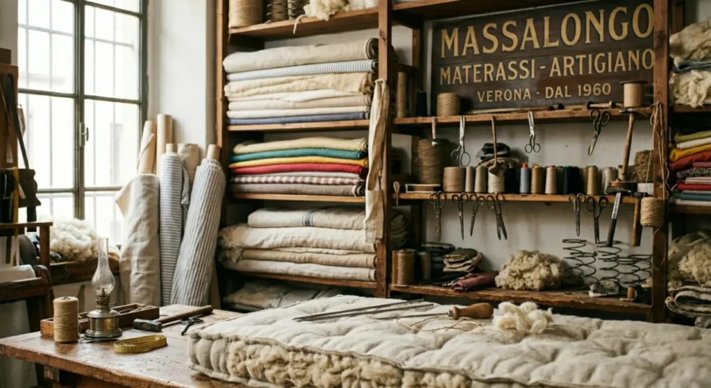 Interno di una storica bottega artigiana a Verona: laboratorio per la produzione di materassi in lana Massalongo con insegna 'DAL 1960'. Scena dettagliata con materiali, attrezzi e tessuti.