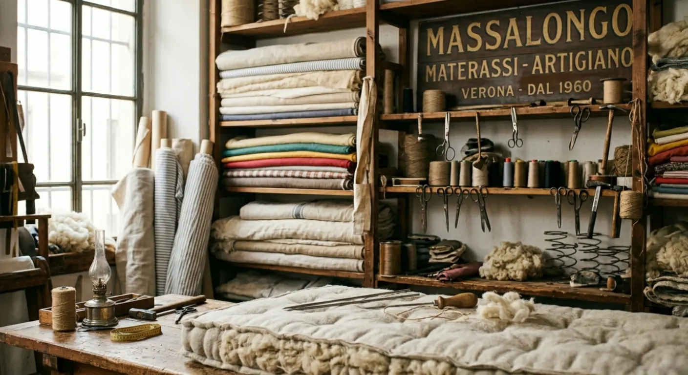 Interno di una storica bottega artigiana a Verona: laboratorio per la produzione di materassi in lana Massalongo con insegna 'DAL 1960'. Scena dettagliata con materiali, attrezzi e tessuti.