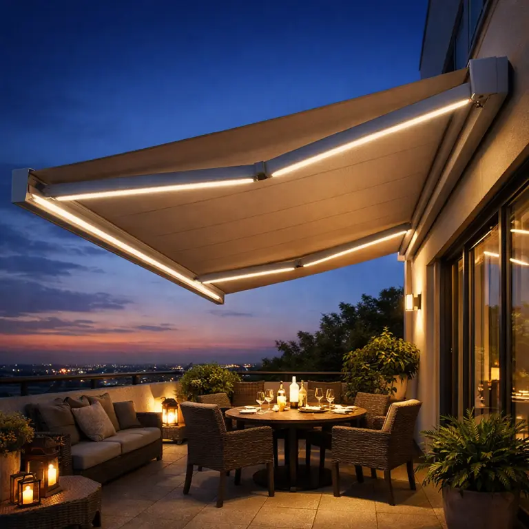 Tenda da sole con illuminazione integrata a LED a scomparsa su un terrazzo di sera
