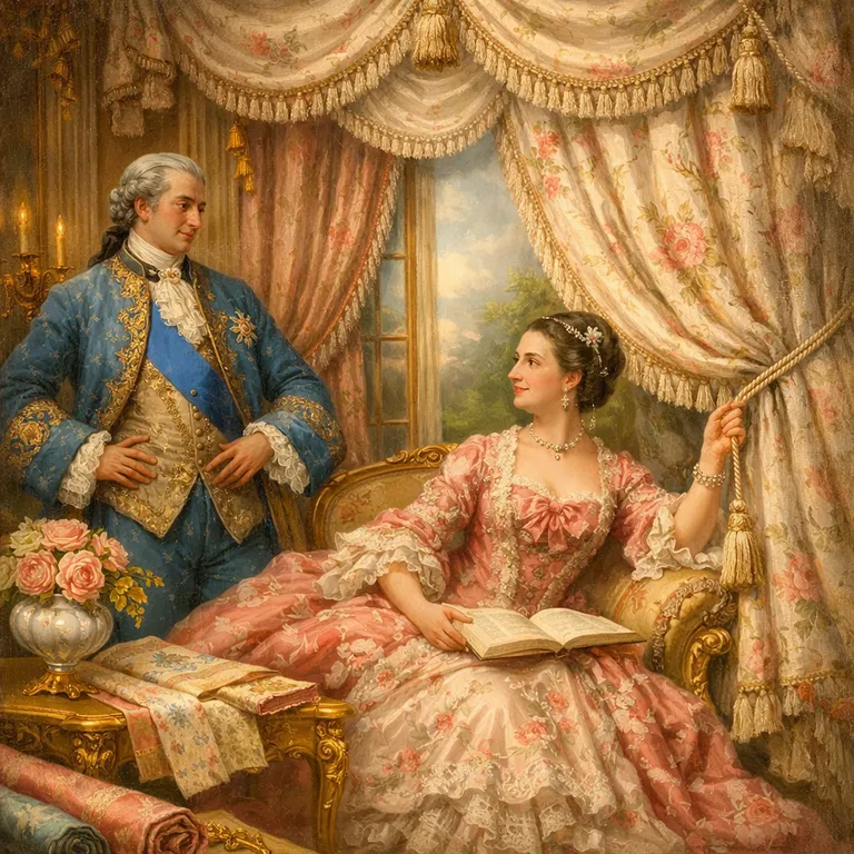 Dipinto di un interno rococò con Madame de Pompadour seduta, che tiene un libro e un nastro, e Luigi XV in piedi. L'immagine mostra drappeggi opulenti, taffetà e sete floreali, illustrando la nascita dei coordinati tessili e dei moderni sistemi di movimentazione delle tende nel Settecento.