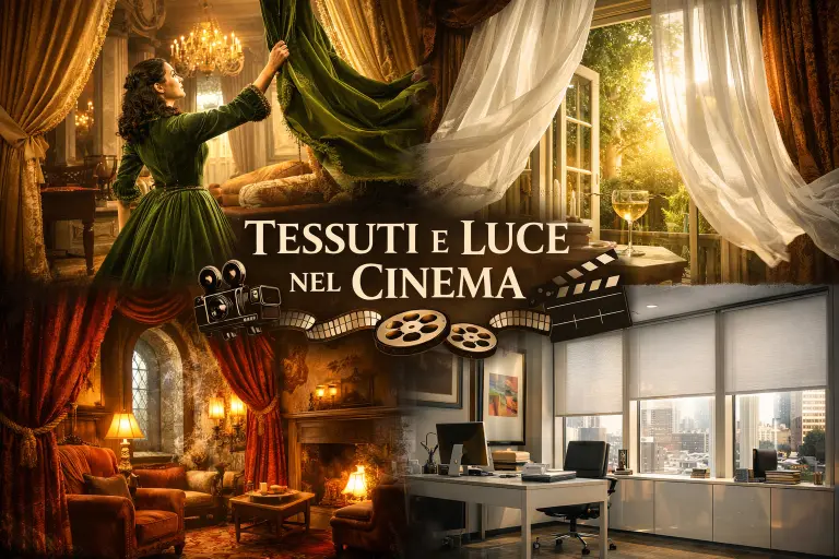 ollage che mostra quattro stili di tessuti per tende ispirati al cinema: il velluto verde di Via col Vento, il lino leggero del Grande Gatsby, i tendaggi rossi di Harry Potter e le tende tecniche a rullo del Diavolo veste Prada. Al centro campeggia la scritta Tessuti e Luce nel Cinema.