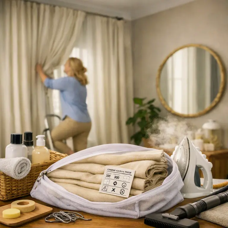 Descrizione dell'immagine: In primo piano, una sacca a rete per lavatrice contenente tende su misura di lino beige Massalongo con etichetta di manutenzione. Dietro, si vedono prodotti per la pulizia, un ferro da stiro a vapore e una donna che appende le tende a una finestra. Sotto, ganci in metallo e accessori per tendaggi.