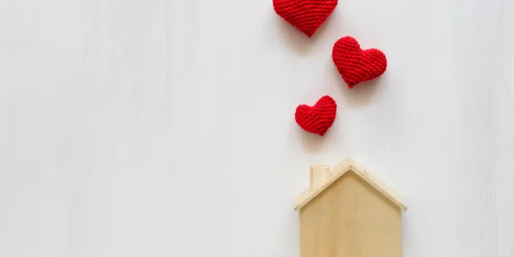 Miniatura casa in legno con cuori di cotone crochet